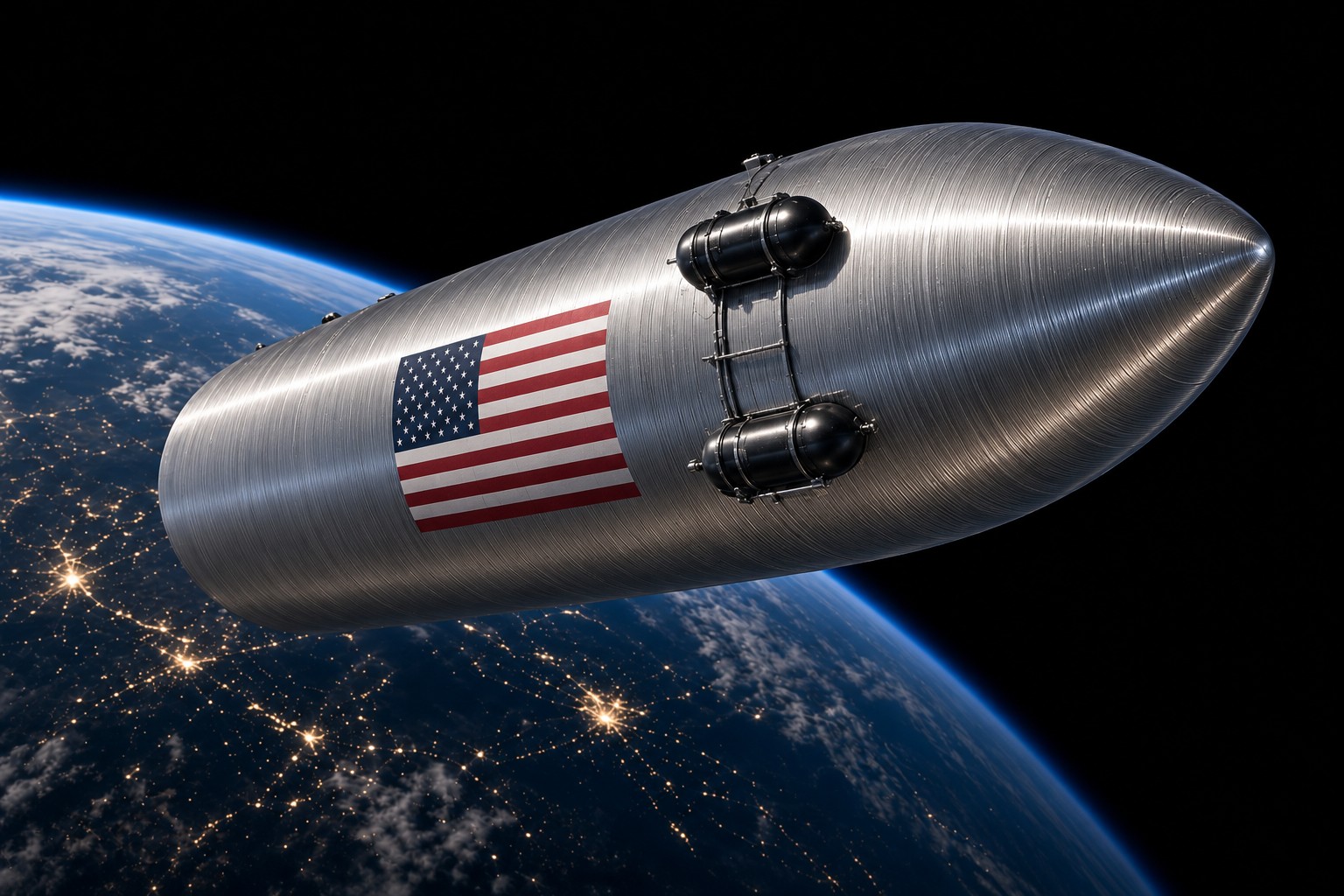 Silver launch vehicle with an American flag in orbit above Earth at night