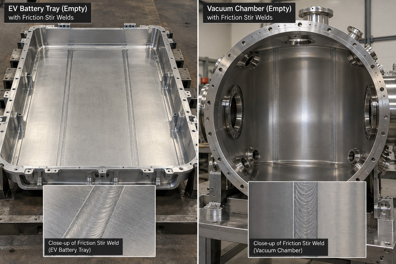 Side-by-side images of two empty friction stir welded aluminum products. Left: an EV battery tray with two long friction stir weld seams along its floor. Right: a vacuum chamber with vertical friction stir weld seams inside its shell. Each has an inset close-up of its weld.
