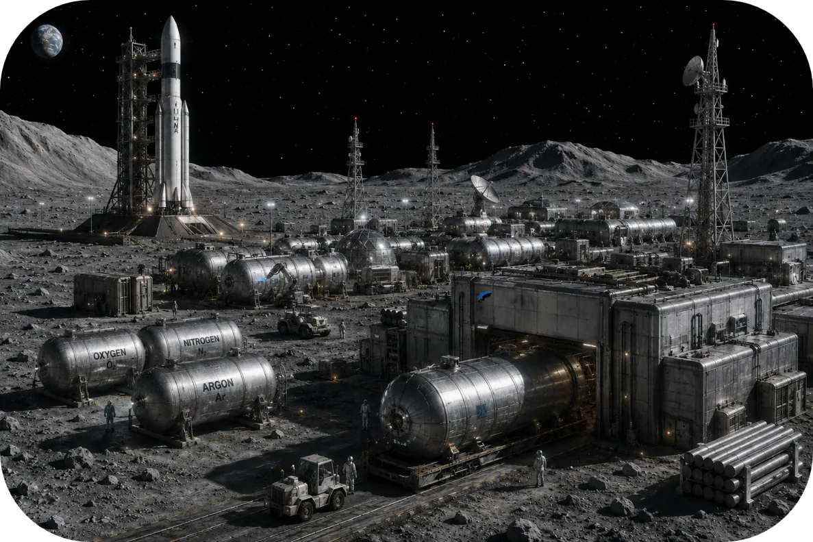 Illustration of a lunar base: a launch tower and rocket on the left, rows of metal pressure vessels and fuel tanks, a large fabrication hall, and radio towers across the lunar surface with Earth in the sky