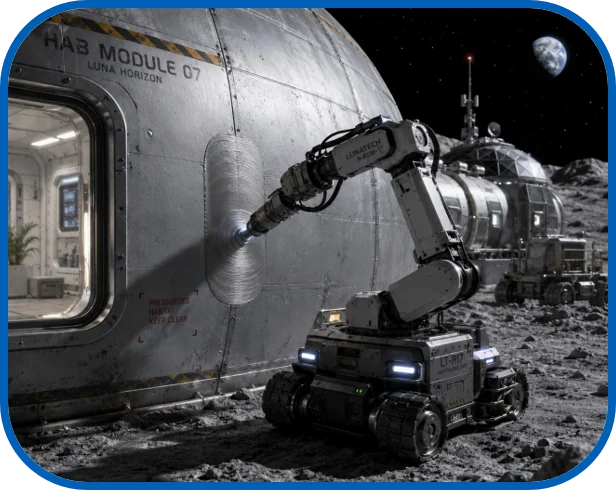 Close-up: a tracked robot arm friction stir processing a seam on the side of a lunar habitat module