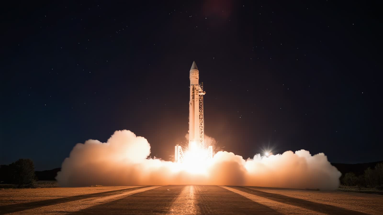 Launch vehicle lifting off at night in a cloud of glowing exhaust